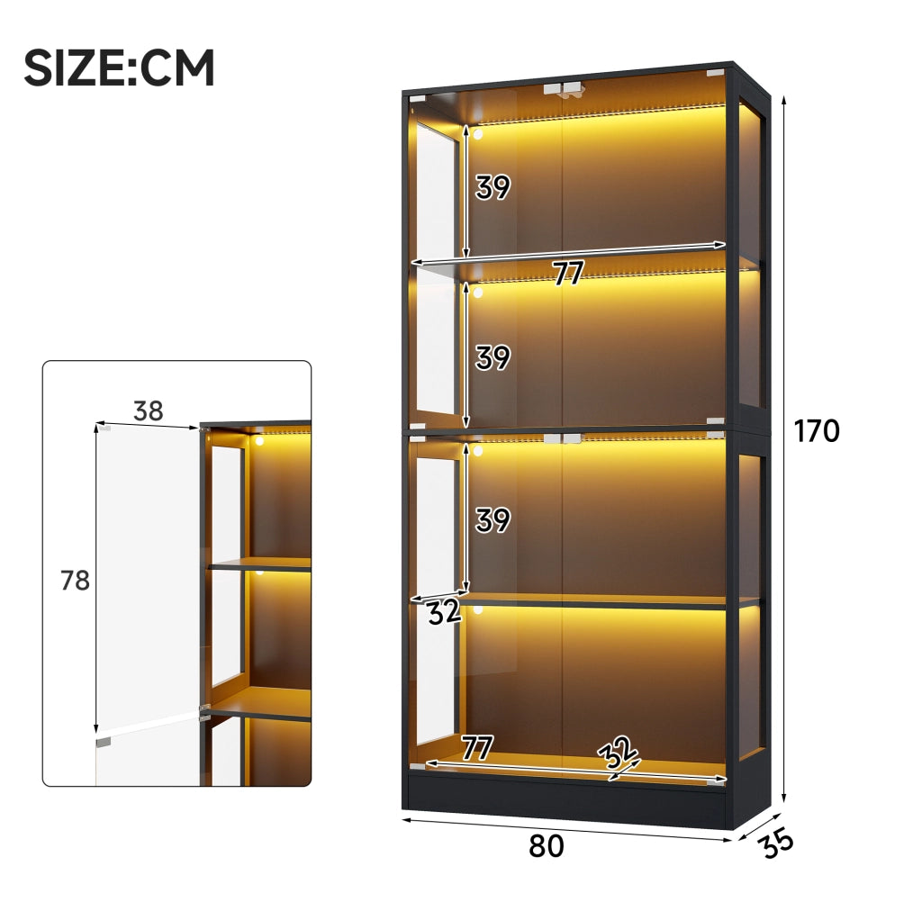 Vetrina LED con 4 ripiani 80 x 35 x 170 cm in MDF e vetro temperato; nera