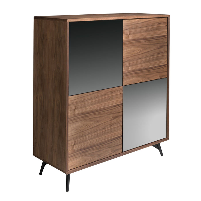 Credenza alta in vetro nero effetto specchio, noce e acciaio nero