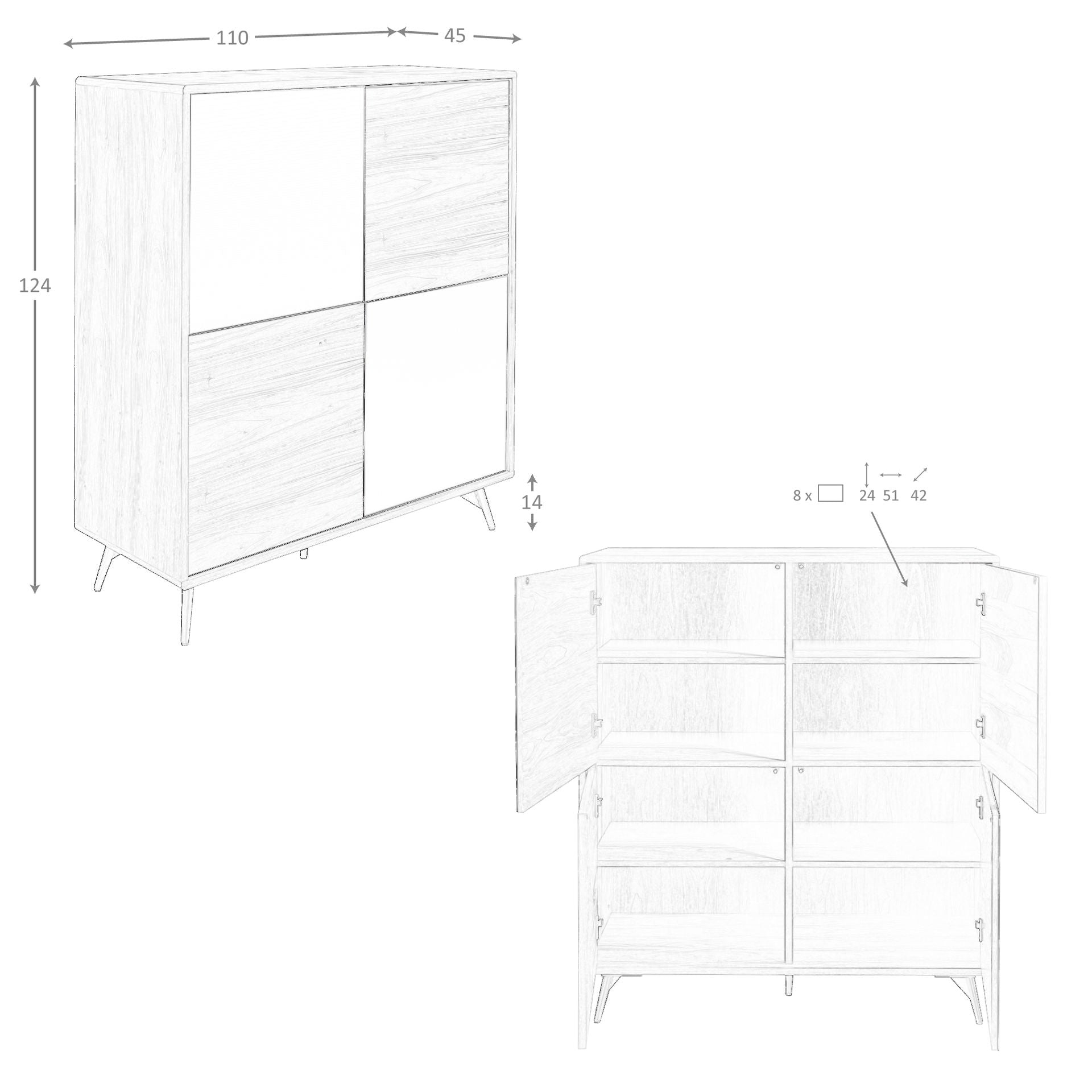 Credenza alta in vetro nero effetto specchio, noce e acciaio nero