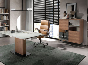 Credenza alta in vetro nero effetto specchio, noce e acciaio nero