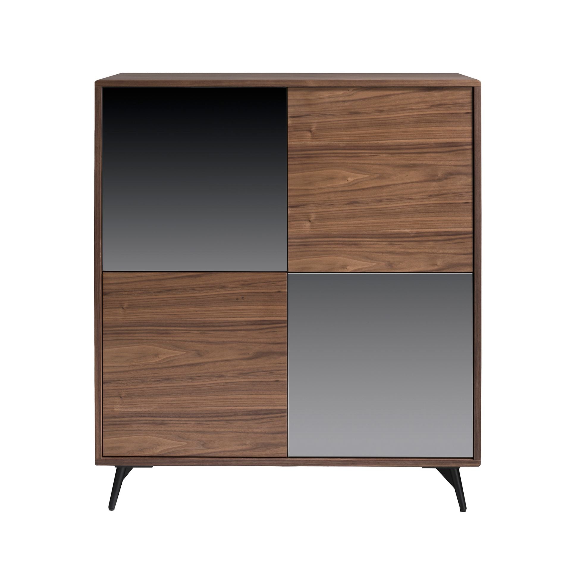 Credenza alta in vetro nero effetto specchio, noce e acciaio nero