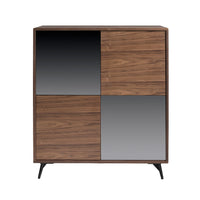 Credenza alta in vetro nero effetto specchio, noce e acciaio nero