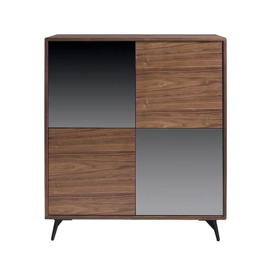 Credenza alta in vetro nero effetto specchio, noce e acciaio nero