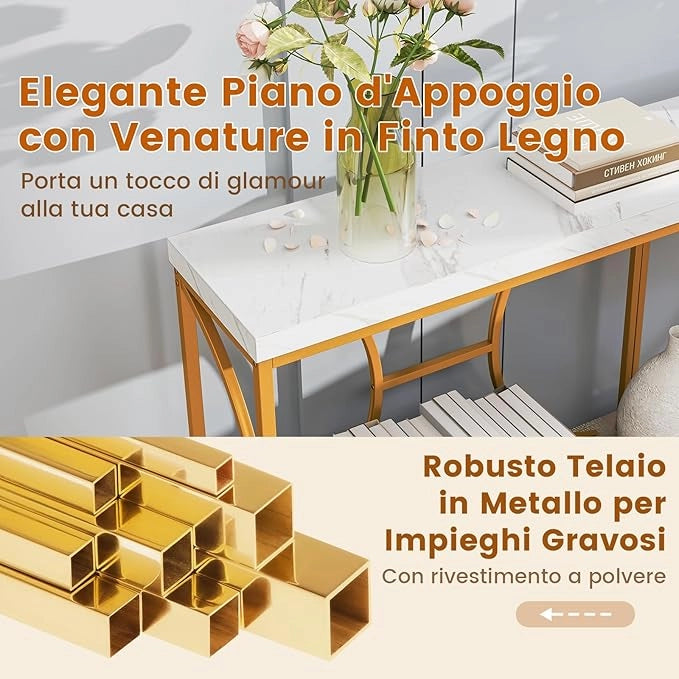 Tavolo Consolle, Tavolo d’Ingresso a 2 Livelli con Superficie in Marmo Finto e Struttura in Metallo Resistente, Tavolo Lungo e Stretto per Corridoio, Ingresso e Salotto