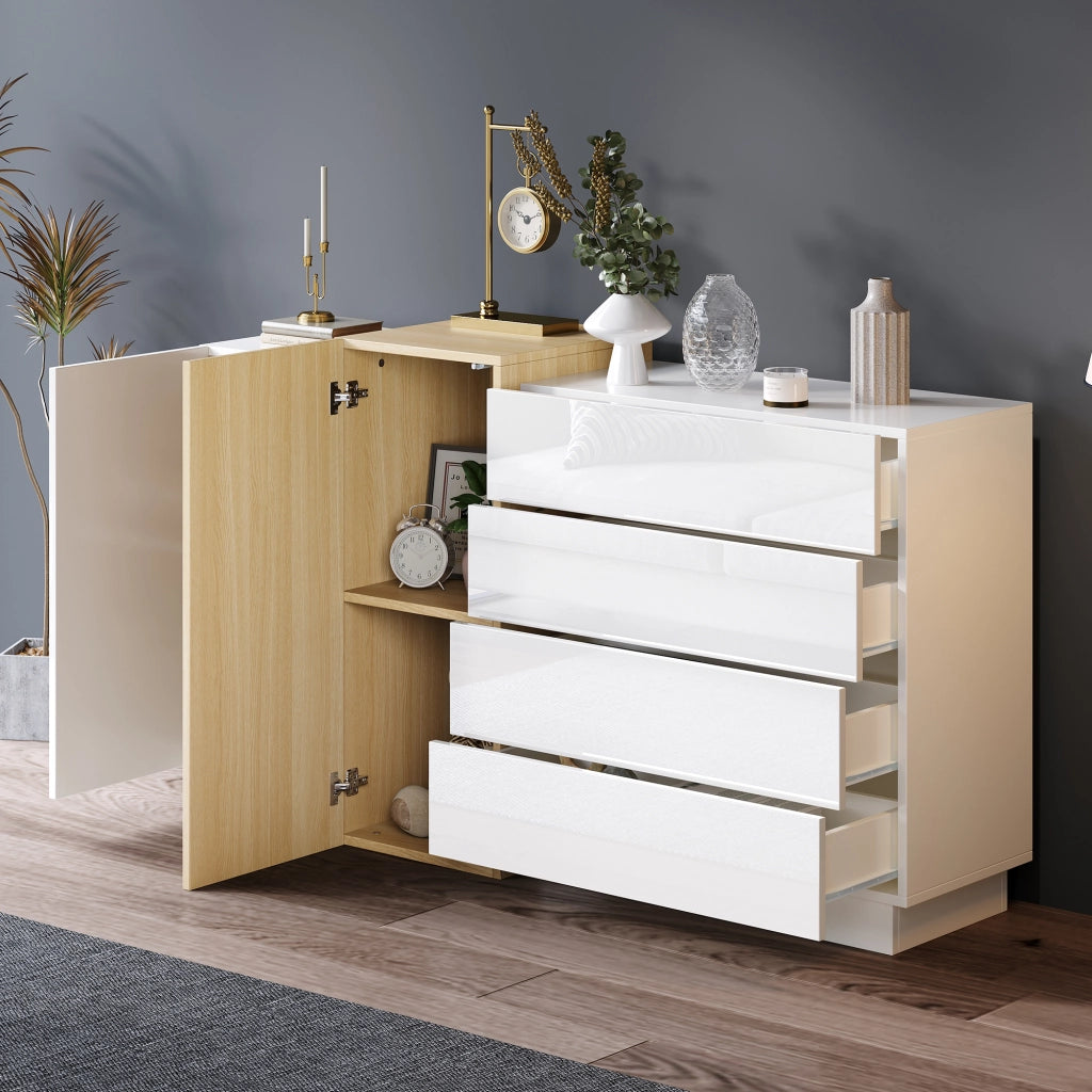 Credenza con 2 ante e 4 cassetti; apertura push - per soggiorno - 140×35×76.5 cm - bianco