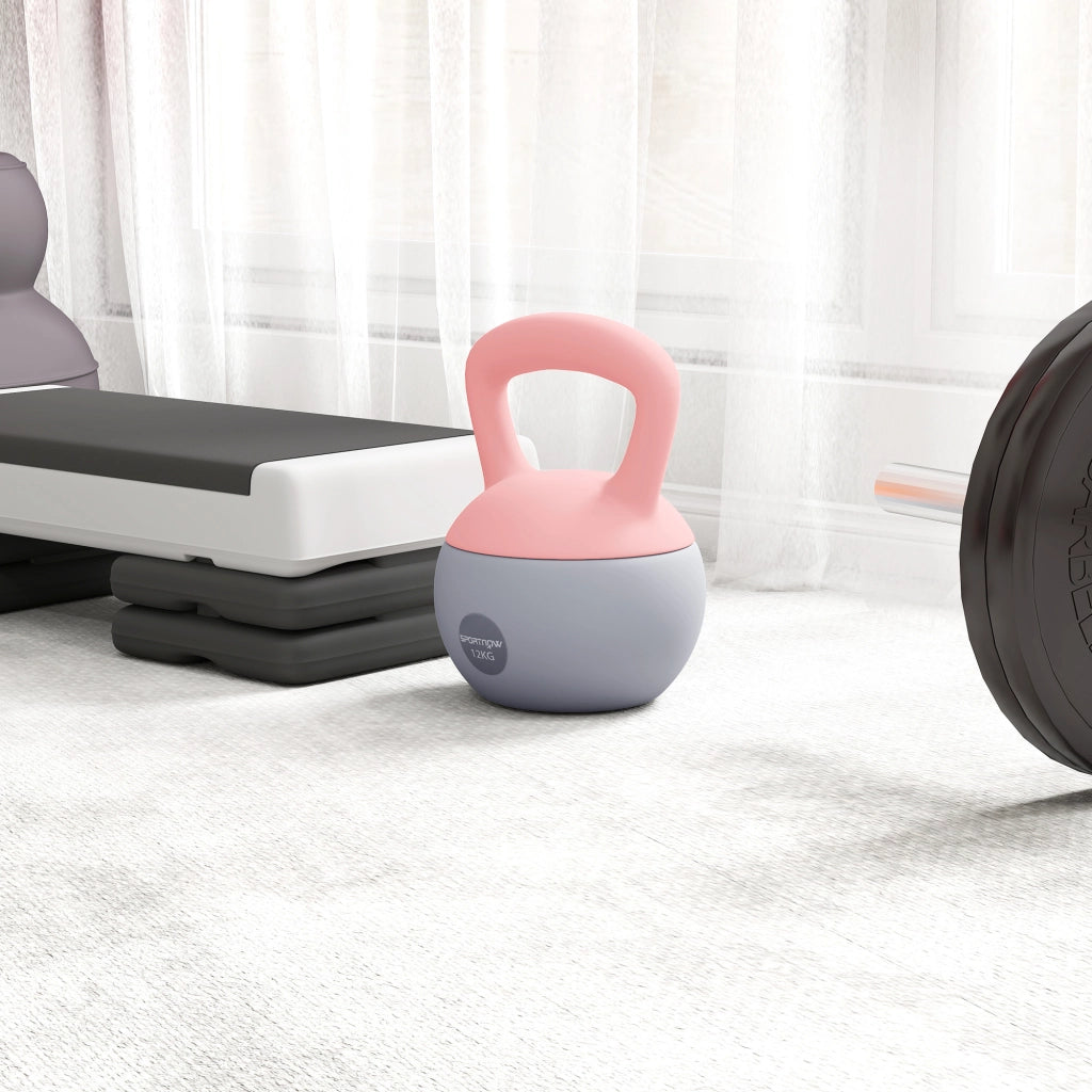Kettlebell 12 kg ¨C Xylo ¨C Rosa e Grigio, Impugnatura Antiscivolo, Riempimento Sabbia Metallica, 21x21x30 cm