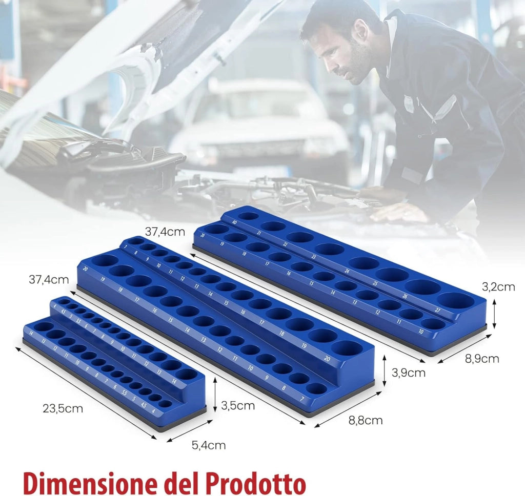 6 Pezzi Set di Supporti Magnetici per Punte delle Chiavi a Bussola, Organizer per Punte con Unità da 2,5/10cm, 7,5/20cm e 2,5/10cm, Rosso SAE e Blu Metrico