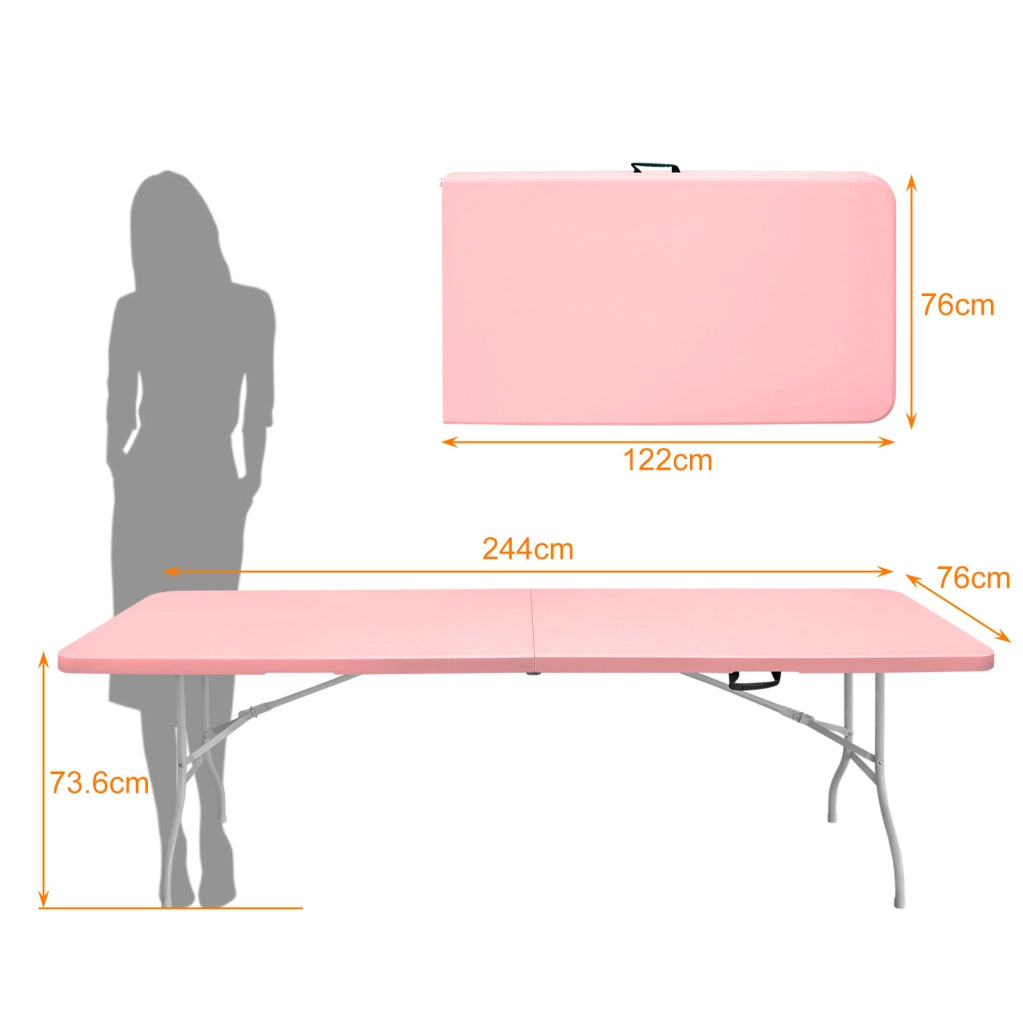 Tavolo pieghevole 244x76 cm rosa in plastica e ferro con maniglia