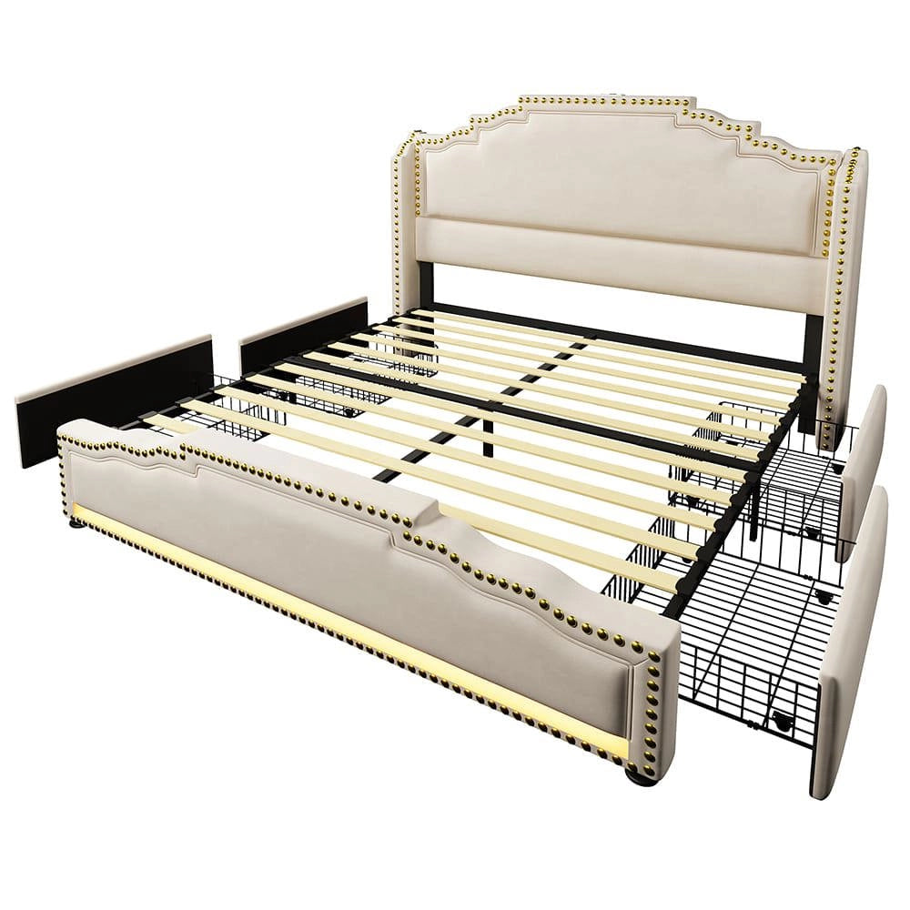 Letto matrimoniale-Xylo-160x200 cm-4 cassetti, LED, USB-C, velluto beige, con materasso