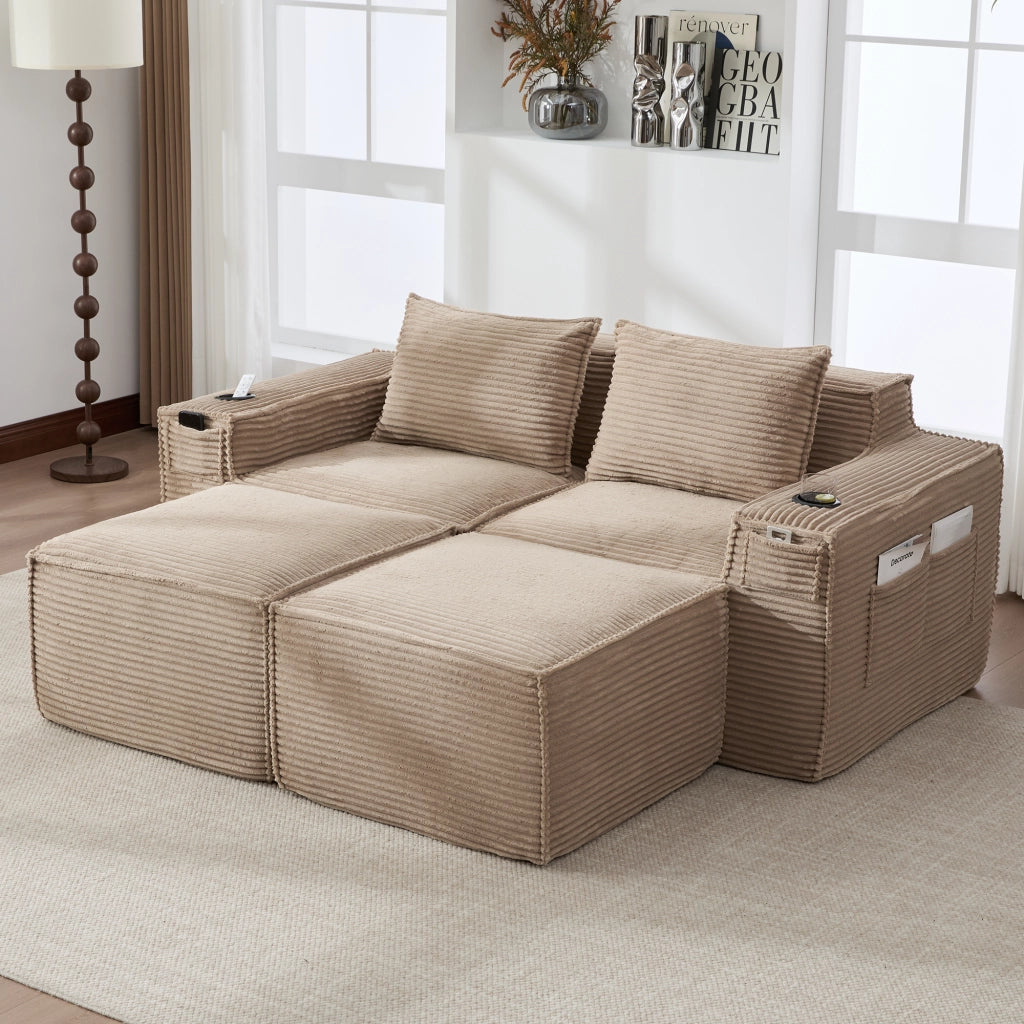 Divano modulare 2 posti in tessuto a coste con portabicchieri e tasche laterali comode khaki 188 × 162 × 75 cm