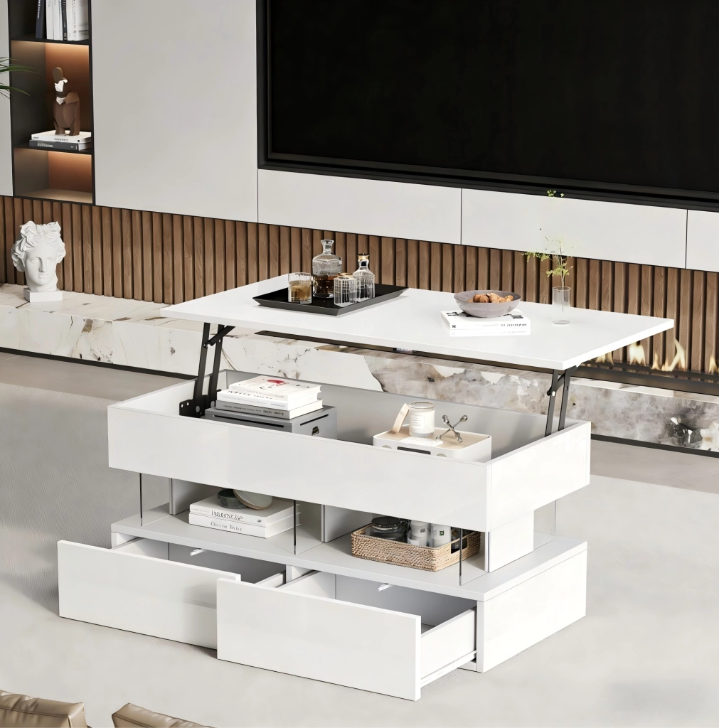 Tavolino da salotto sollevabile 100 x 50 x 46 cm bianco con 2 cassetti e LED