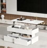 Tavolino da salotto sollevabile 100 x 50 x 46 cm bianco con 2 cassetti e LED