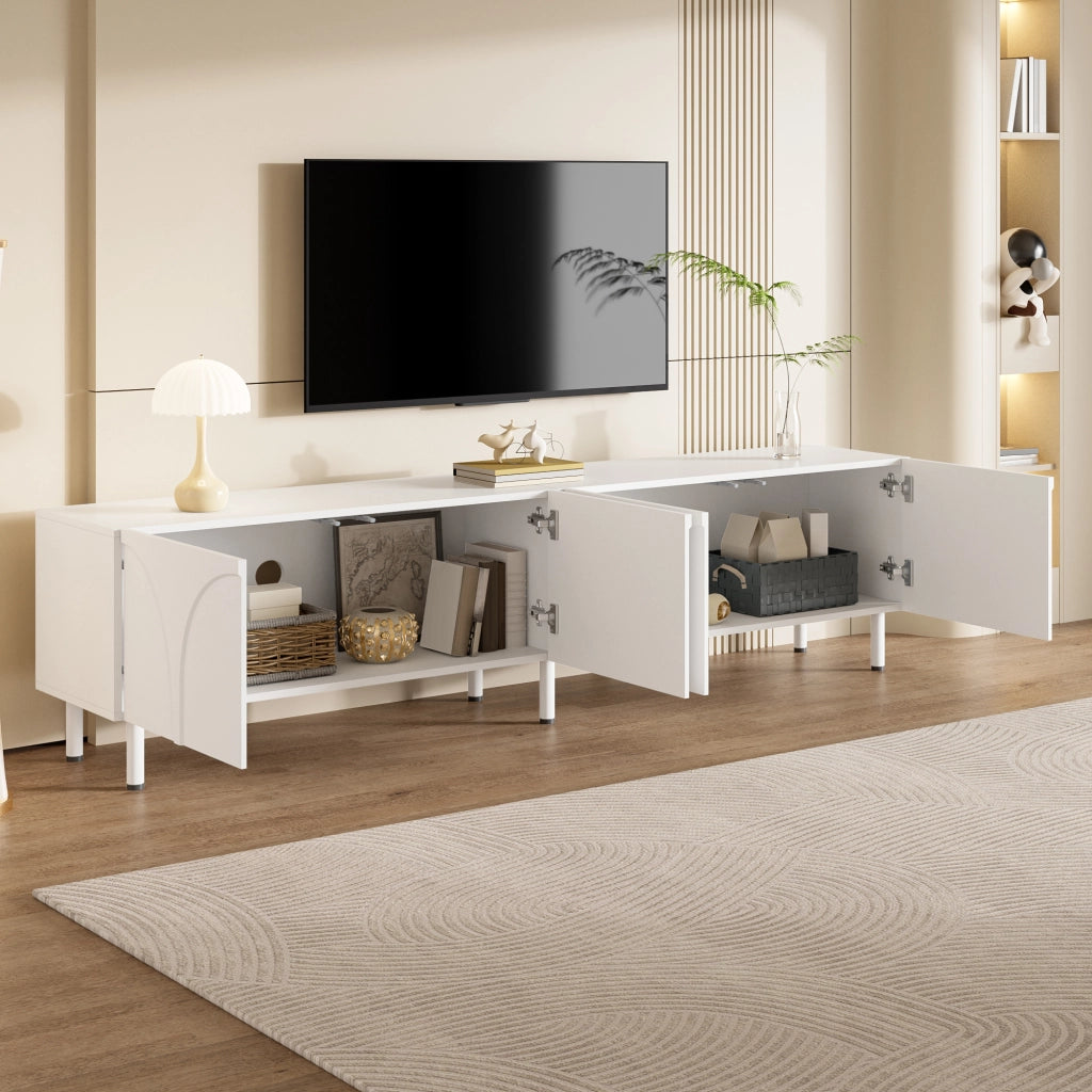 Mobile porta TV con 4 ante e 2 vani separati, piedi in metallo, in MDF e PB, per soggiorno, bianco, 180 × 35 × 49 cm