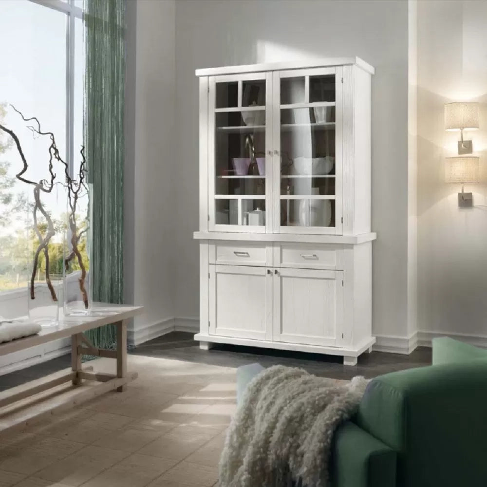 Cristalliera shabby in legno massello 4 ante 2 cassetti bianco opaco l.120 p.45 h.198 - Mobili 2G
