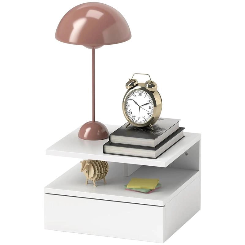 COMODINO SOSPESO PER CAMERA DA LETTO CON CASSETTO E MENSOLA IN LEGNO 35X32X22.5 CM BIANCO