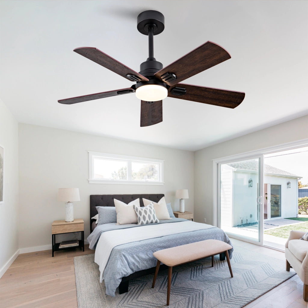Ventilatore da soffitto esterno nero 42 pollici con luce e telecomando, 5 pale dimmerabili, per terrazze, camere e soggiorni