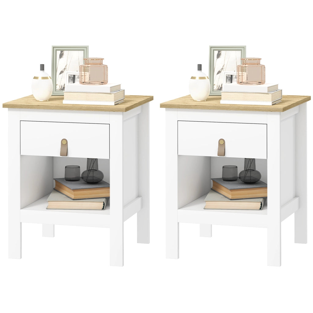 Set 2 Comodini con Cassetto e Ripiano Aperto in Legno, 45x40x55 cm, Bianco e Rovere