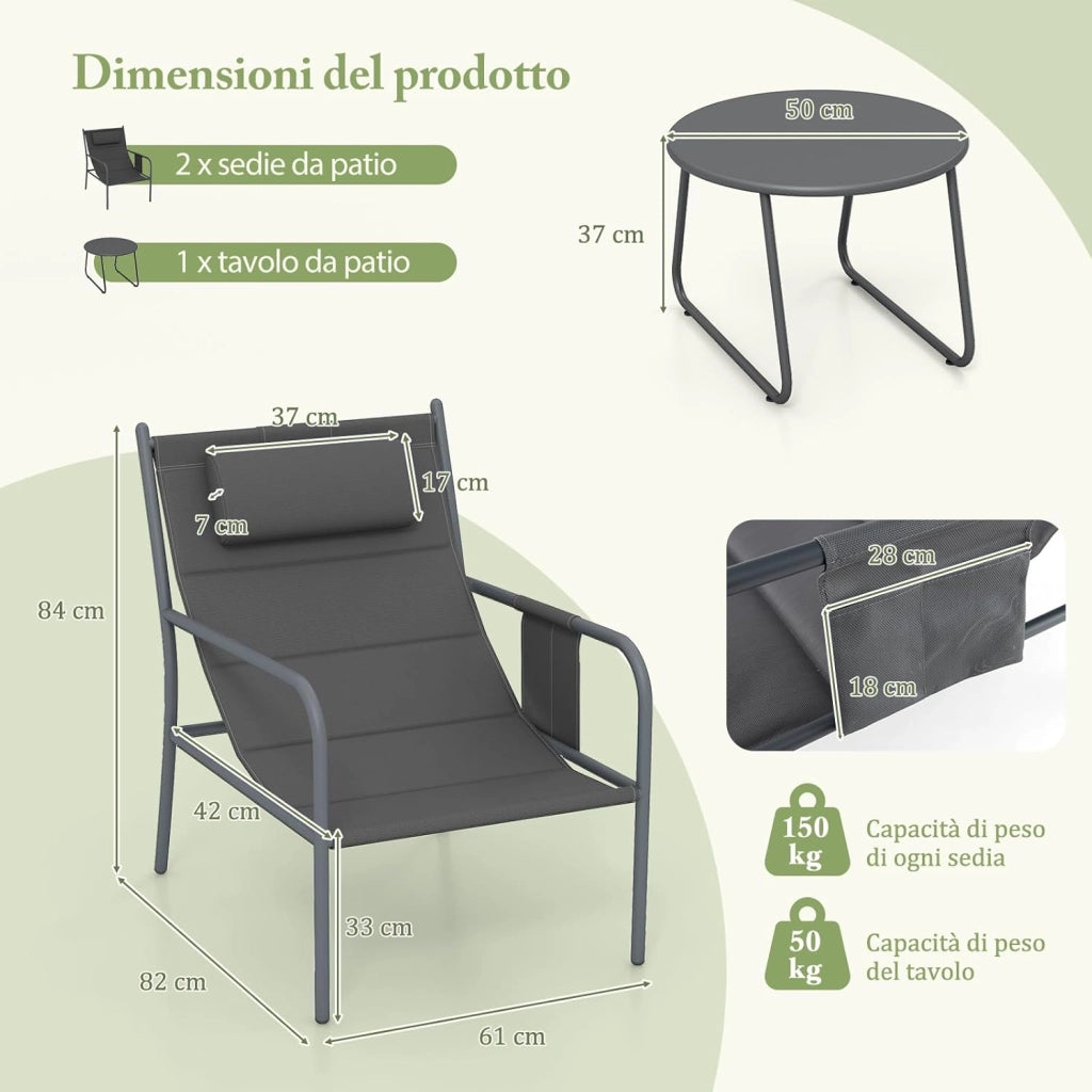 Set da Bistro per Giardino a 3 Pezzi, Sedie e Tavolino da CaffÃ¨ in Metallo per Patio, Sedie con Poggiatesta, Set in Metallo per Cortile, Sedia Portata 150 kg, Tavolino Portata 50 kg