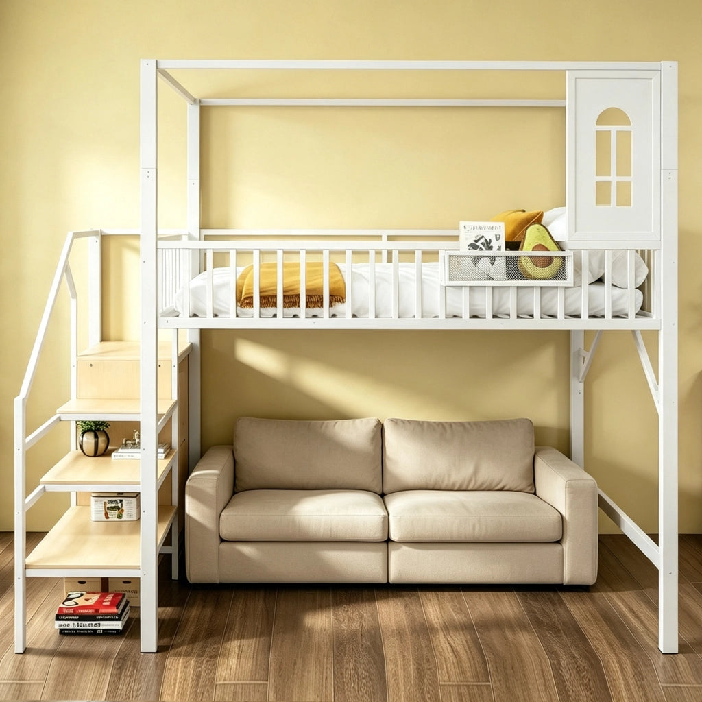 Letto a soppalco in metallo con struttura superiore e scala, 140x200 cm