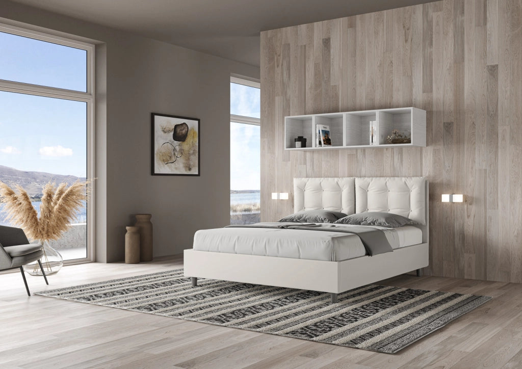 Letto Matrimoniale 160x210 cm con Rete e Contenitore con Alzata Comoda Imbottito in Similpelle Annalisa Bianco