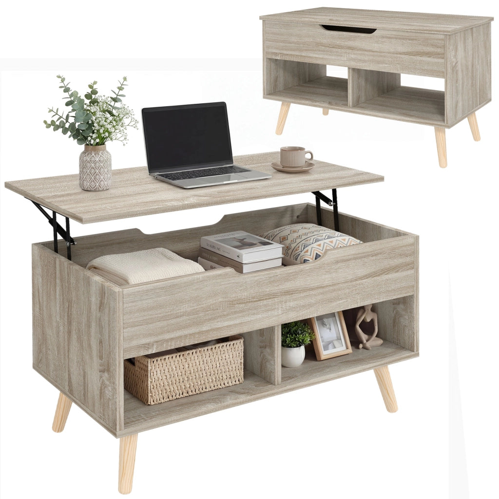 Tavolino da salotto con ripiano sollevabile e scaffali aperti ¨C zephmum ¨C legno naturale 75x40x58 cm