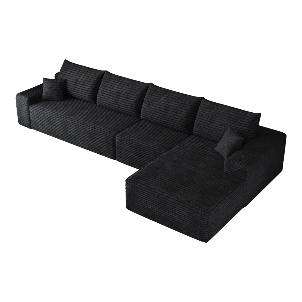 Divano modulare angolare con chaise longue; schienale morbido; in tessuto nero