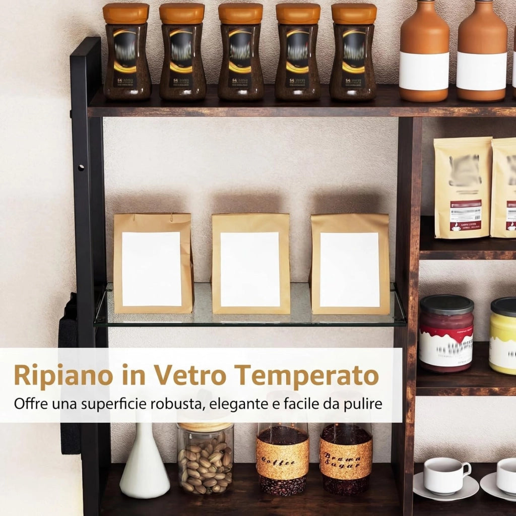 Mensola da Parete 107 cm, Scaffale a 6 Livelli con Luci LED, Controllo Remoto e APP, 8 Ganci a S e Tasca Laterale Rimovibile, Espositori per Bar Cucina Salotto Bagno