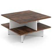 Tavolino da caff¨¨ a 2 livelli con 4 scomparti per storage, Tavolo centrale per soggiorno da 60 cm Marrone Rustico e Bianco-Tavolini