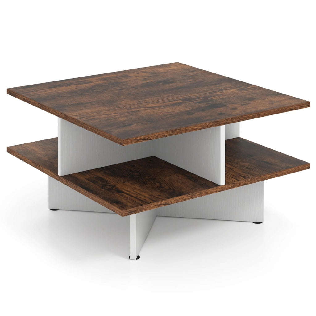Tavolino da caff¨¨ a 2 livelli con 4 scomparti per storage, Tavolo centrale per soggiorno da 60 cm Marrone Rustico e Bianco-Tavolini