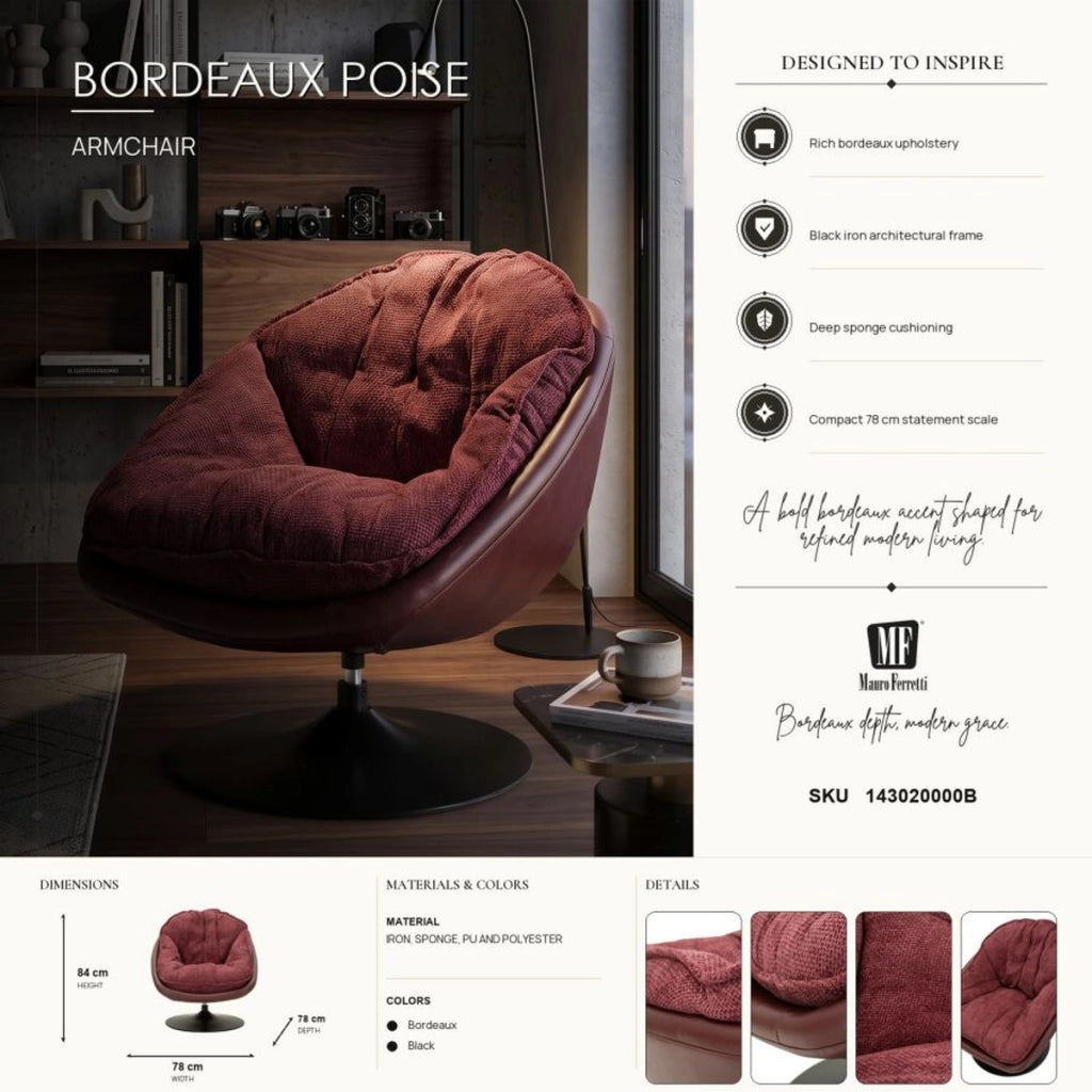 Poltrona girevole bordeaux con base in ferro nero