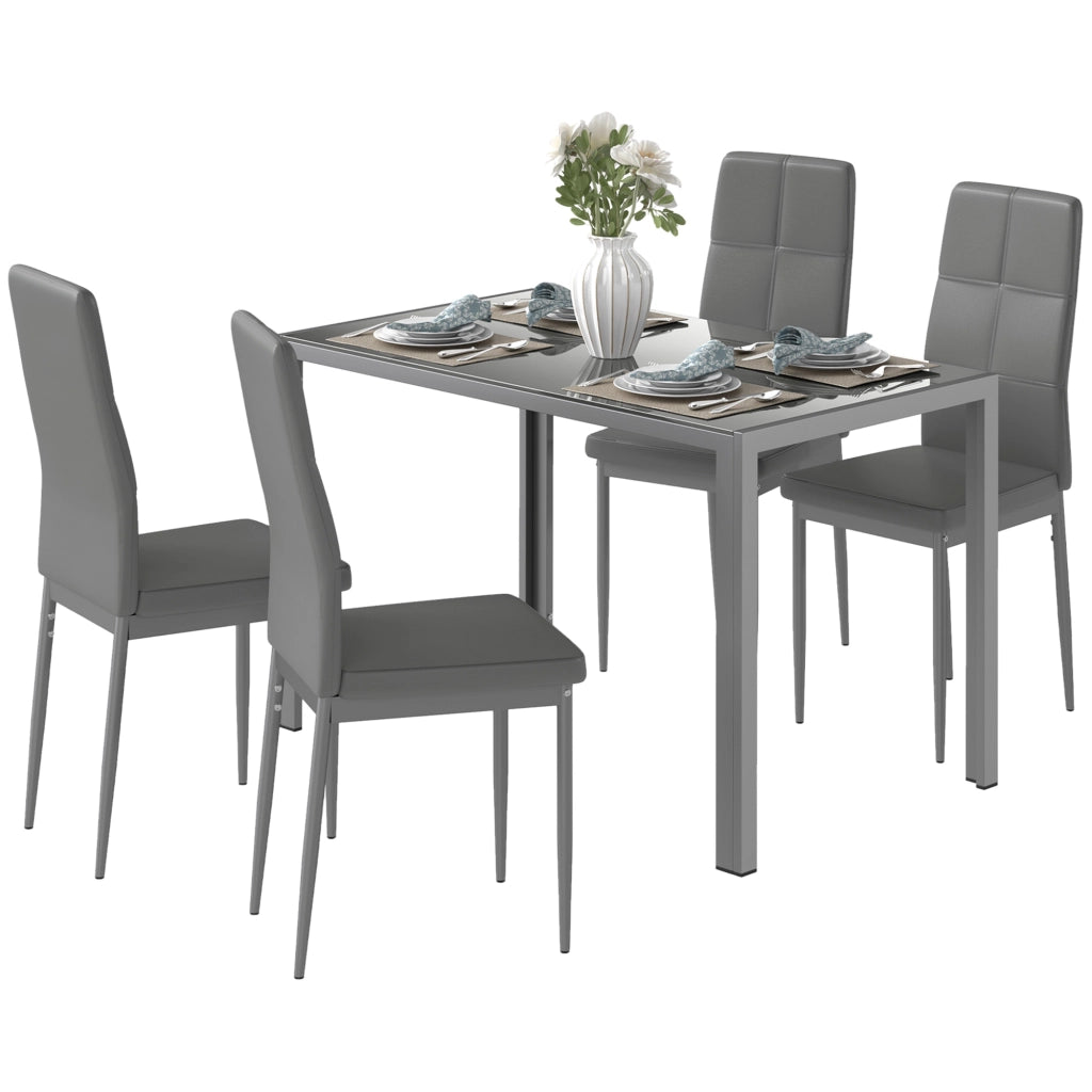 Set da Pranzo 5 Pezzi con 1 Tavolo da Pranzo e 4 Sedie Moderne in Similpelle, Metallo e Vetro Temperato, Grigio