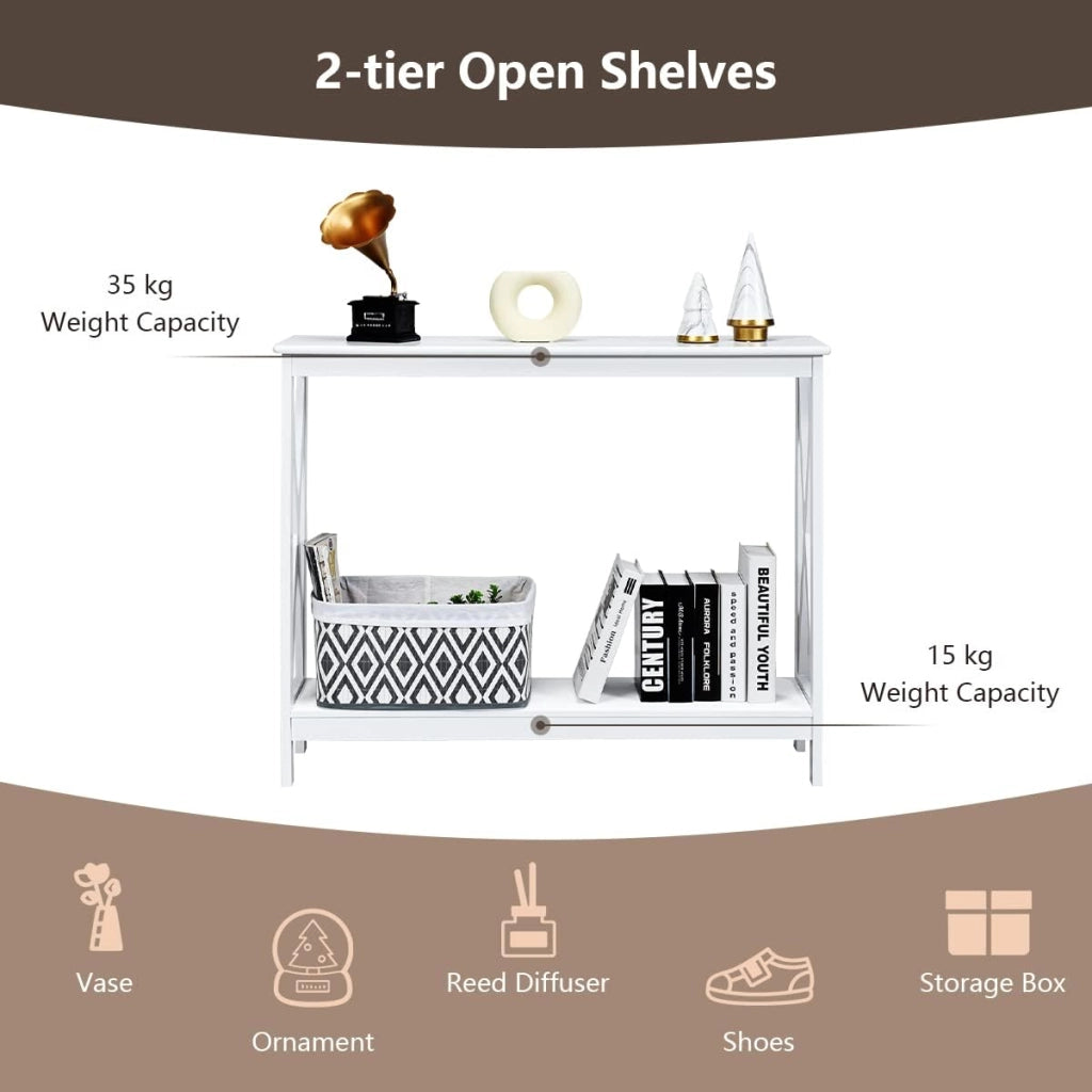 Tavolino Consolle da Divano, a 2/3 Ripiani, Stuttura a X, Portata di 50 kg, Compatto per Salvaspazio, Ideale per Camera, Soggiorno, Ingresso, 4 Colori (Bianco, 100x30x80cm)