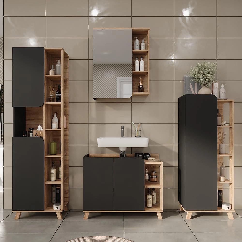 Set di mobili da bagno Karen, Sonoma/antracite, 80 cm, composto da mobile lavabo, pensile a specchio, colonna e base media