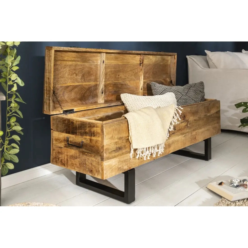 Tavolino basso o panca contenitore MERAX 115 cm in legno massiccio di mango e metallo stile industriale