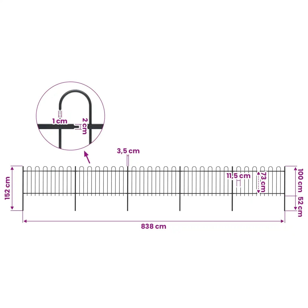 Recinzione da Giardino con Parte Superiore ad Anello in Acciaio 838x100 cm Nero 277660