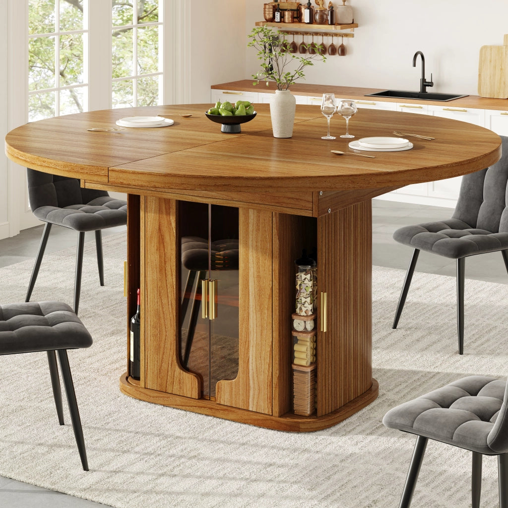 Tavolo da pranzo - rotondo estraibile - 118-158 cm - ante in vetro - fino a 6 persone - noce