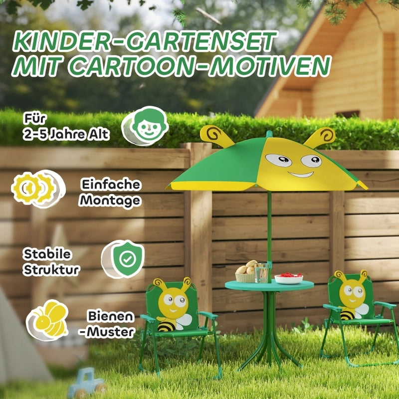 Set di mobili da giardino per bambini, composto da sedie, tavolo e ombrellone, con motivo ape, nei colori verde e giallo.