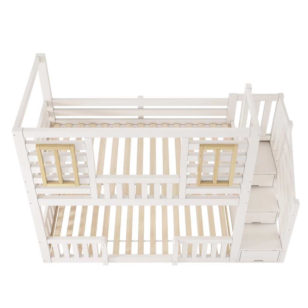 Letto a castello per bambini, 90 x 200 cm, con contenitore, sponde di sicurezza, bianco
