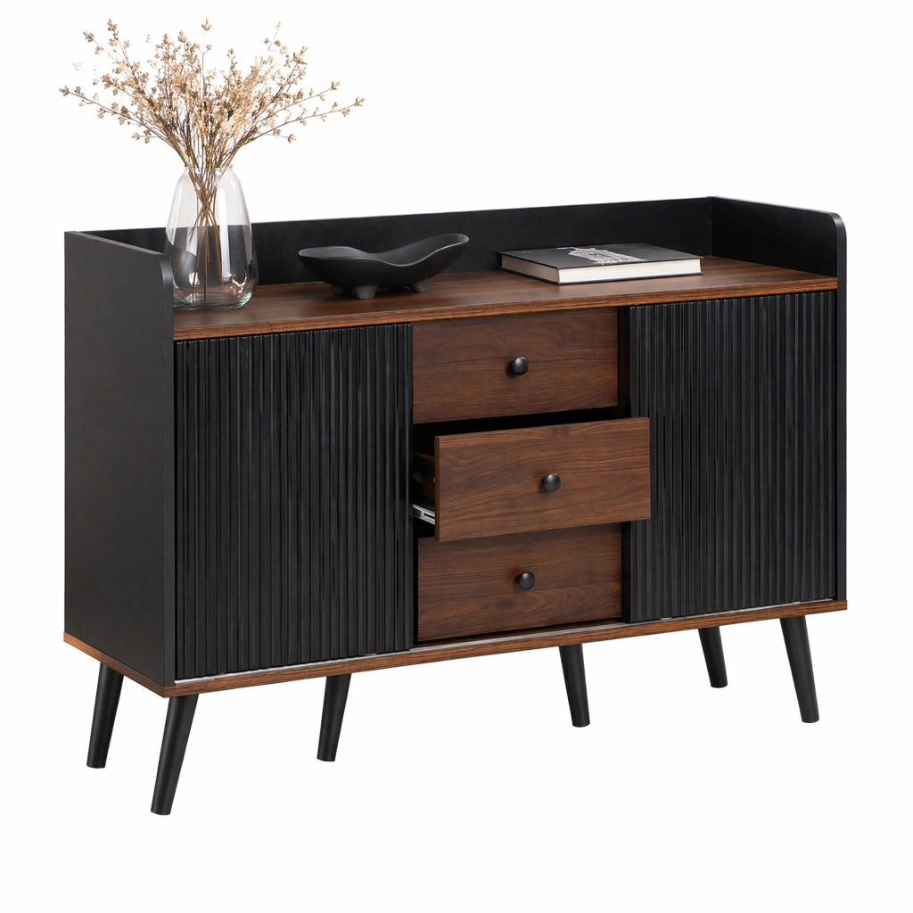 Credenza moderna nera e legno con ante scorrevoli e 3 cassetti