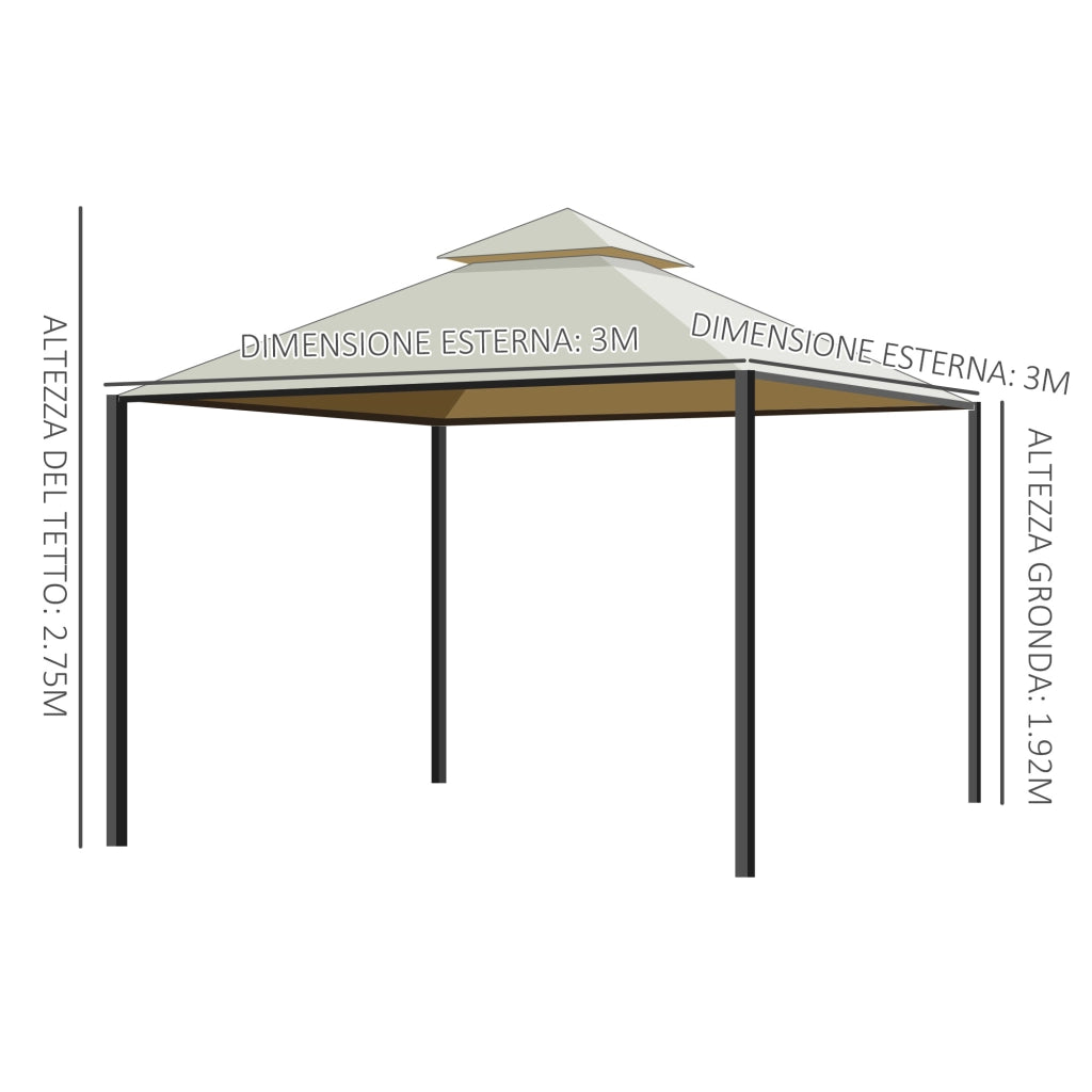 Gazebo da Giardino 3 x 3m con 4 Tende Laterali e Doppio Tetto Beige