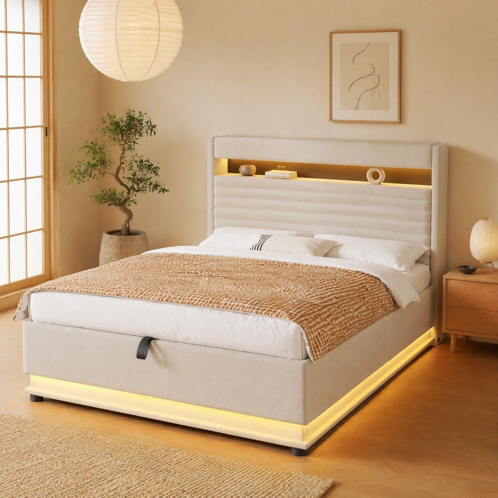 Letto imbottito con contenitore 140x200 cm in lino beige; LED e ricarica USB Type-C