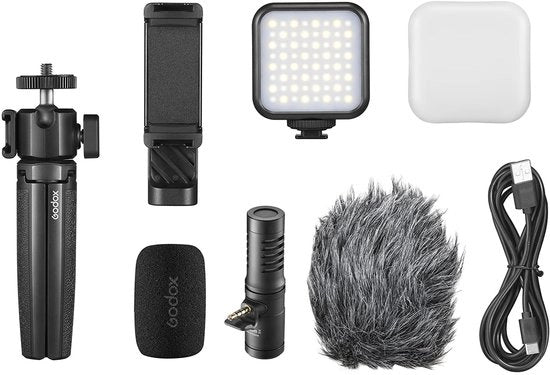 Kit di Registrazione Video Facile e Geniale - Dispositivi Mobili - Illuminazione LED - Batteria Integrata Lithio - 1800mAh - Intervallo di Temperatura 3200K/6500K - Kit di Registrazione Video