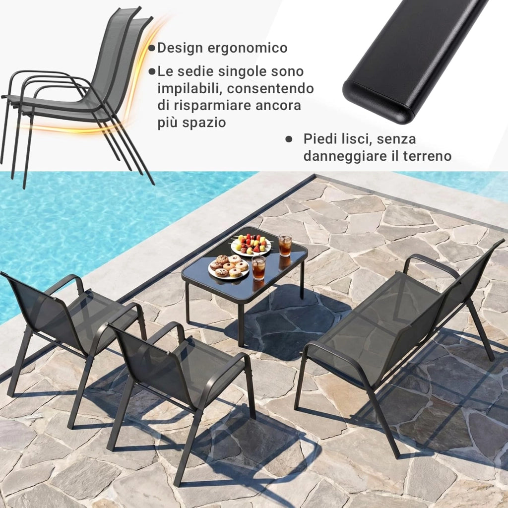 Set Salotto da Giardino 4 Pezzi, Set Mobili da Esterno con Divano 2 Posti, 2 Poltrone, 1 Tavolino in vetro, Textilene Traspirante, Set da Conversazioni per Piccolo Balcone, Terrazzo (Grigio)