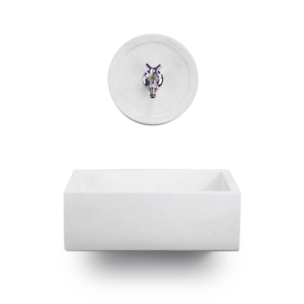 Lavello Rettangolare da Esterno 45x35 cm con Rosone Installazione a Muro in Cemento Madrid Bianco