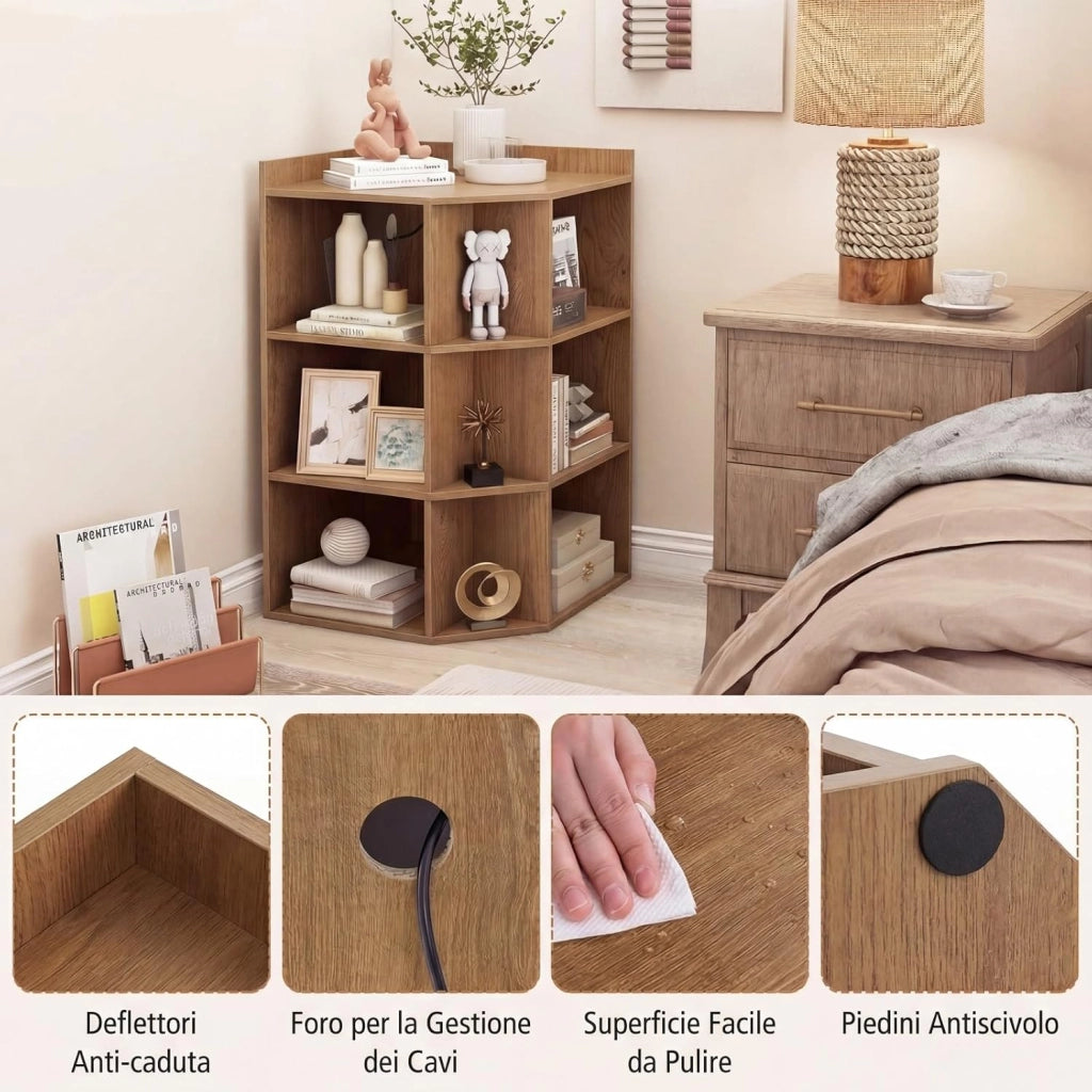 Mobile ad Angolo a 3 Livelli in Legno, Libreria Angolare Aperta con Stazione di Ricarica 9 Cubi 2 Porte USB e 4 Prese, Adatto per Spazi Ridotti, 51x71,5x86 cm (Naturale)