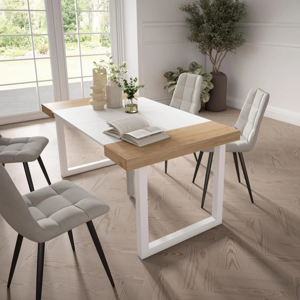 Consolle allungabile, 58 fino 160x90x73cm, Per 8 persone, Gambe in legno, colore Rovere e bianco RF2702