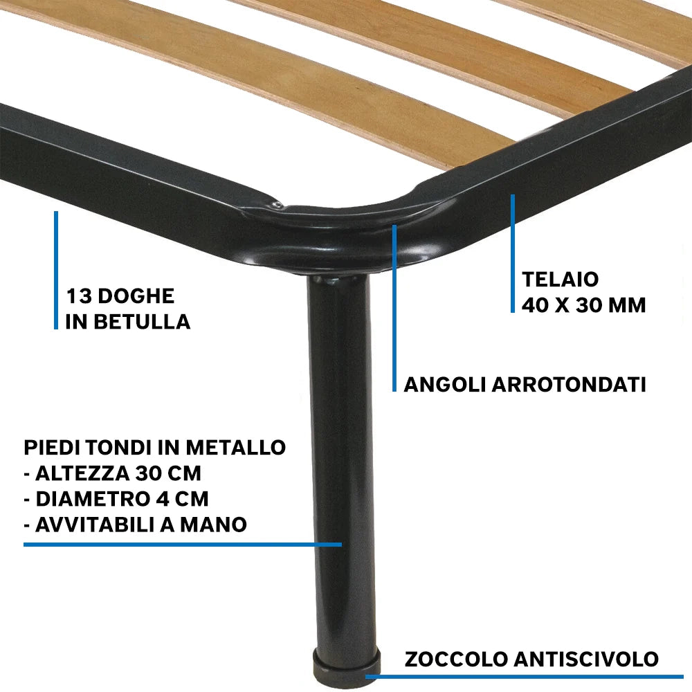 Rete ortopedica 160X190 13 doghe in betulla con 4 piedi |100% MADE IN ITALY| struttura in acciaio anti cigolio, angoli anti infortunistici, altezza 34 cm