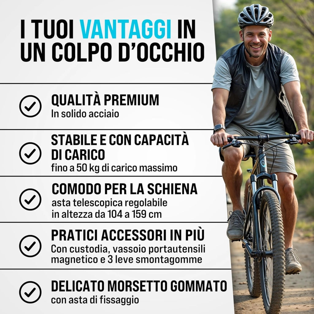® Cavalletto Riparazioni Biciclette fino a 50kg Borsa Trasporto Pieghevole Asta Regolabile Montaggio Bici Elettriche E-Bike Officina