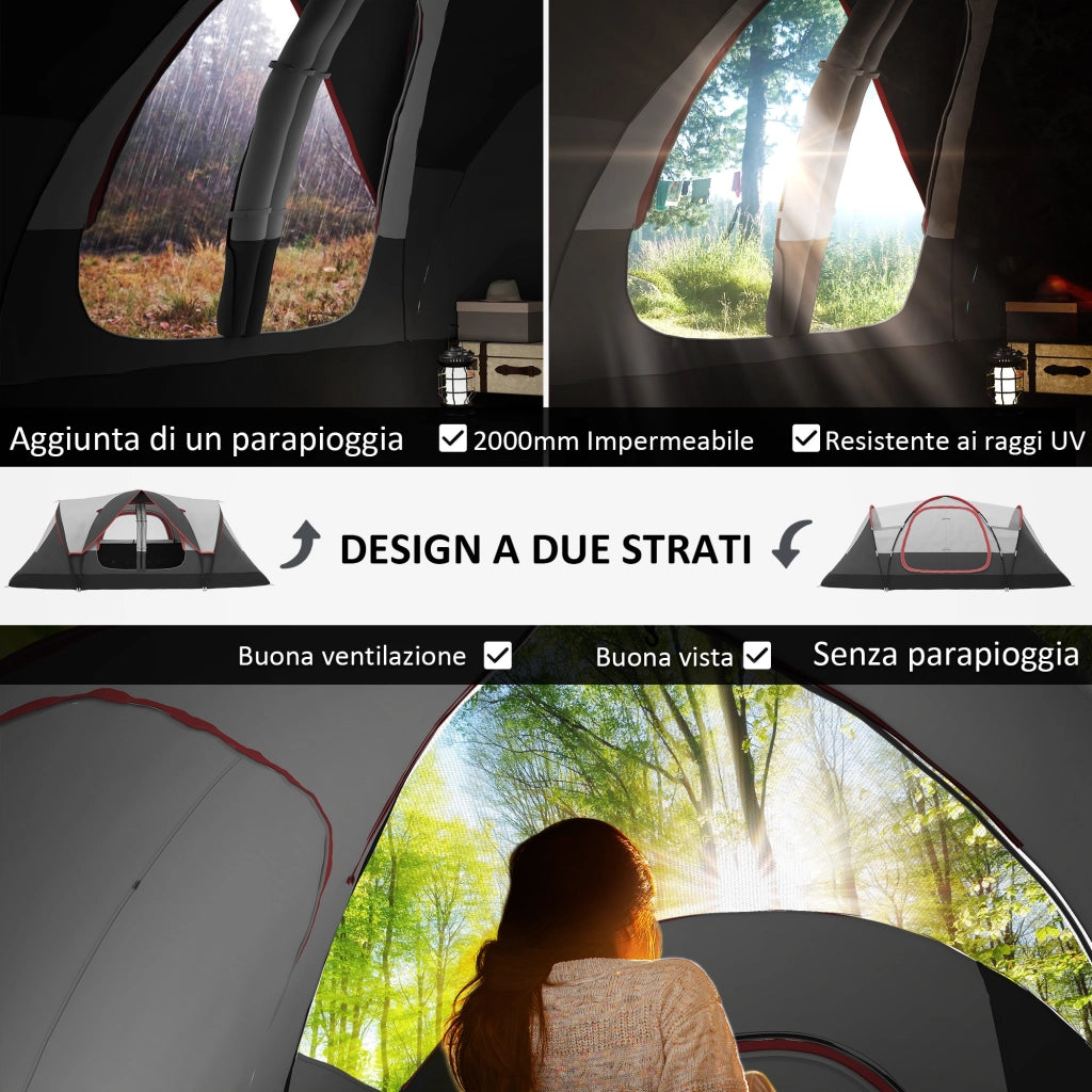 Tenda da Campeggio-Tenda per Escursionismo  6 Posti con 2 Stanze Separate, Poliestere e Fibra di Vetro, 450x215x180 cm, Grigio