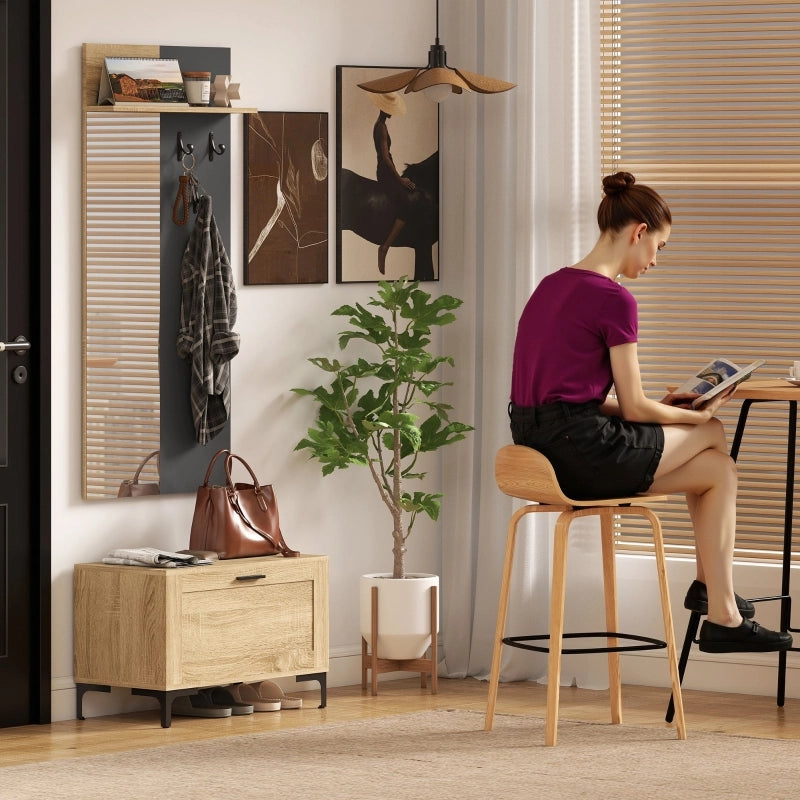 Set guardaroba da ingresso con specchio, panca portascarpe, 3 ganci e ripiano aperto, effetto legno naturale e grigio